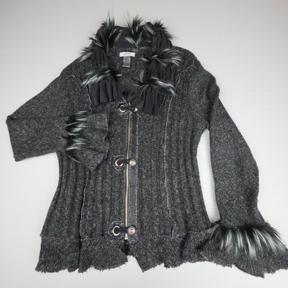 Laseine Faux Fur Trim Full Zip Cardigan Sweater Women XL Gray Ribbed Wool Blend